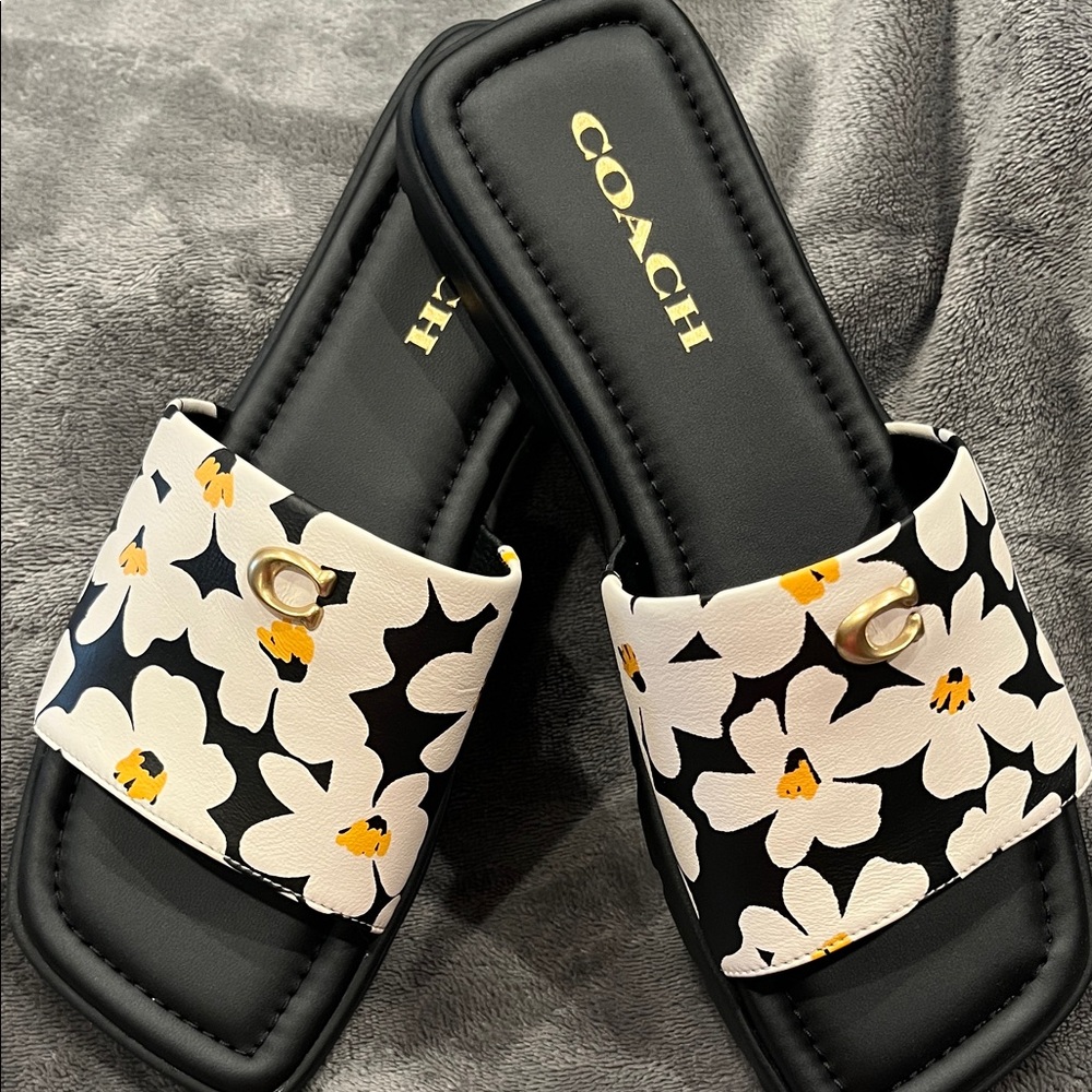 Coach Black and White Floral Slide Sandals - Picture 4 of 4